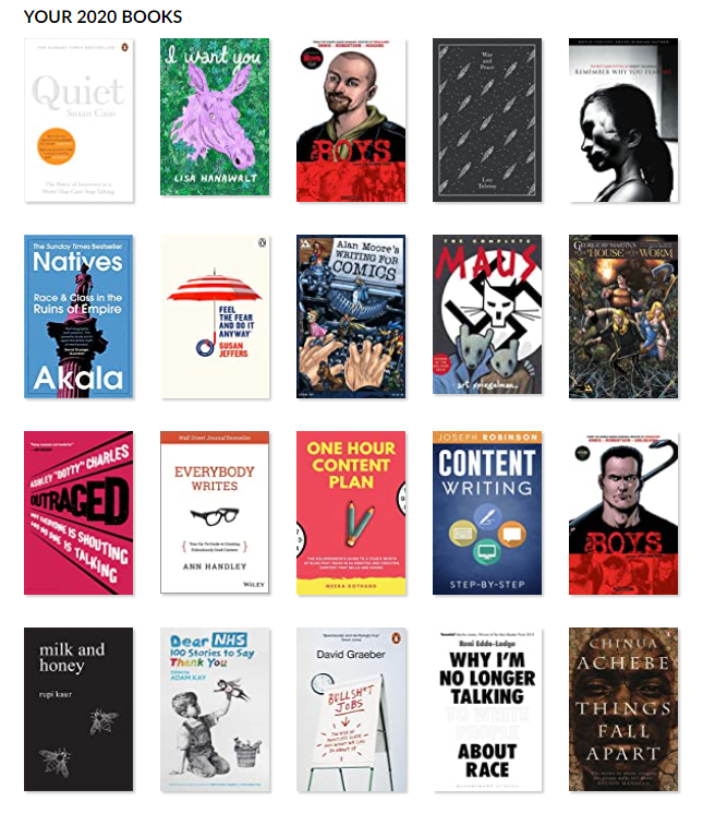 A collage showing covers for 20 books listed under a heading that says "YOUR 2020 BOOKS"