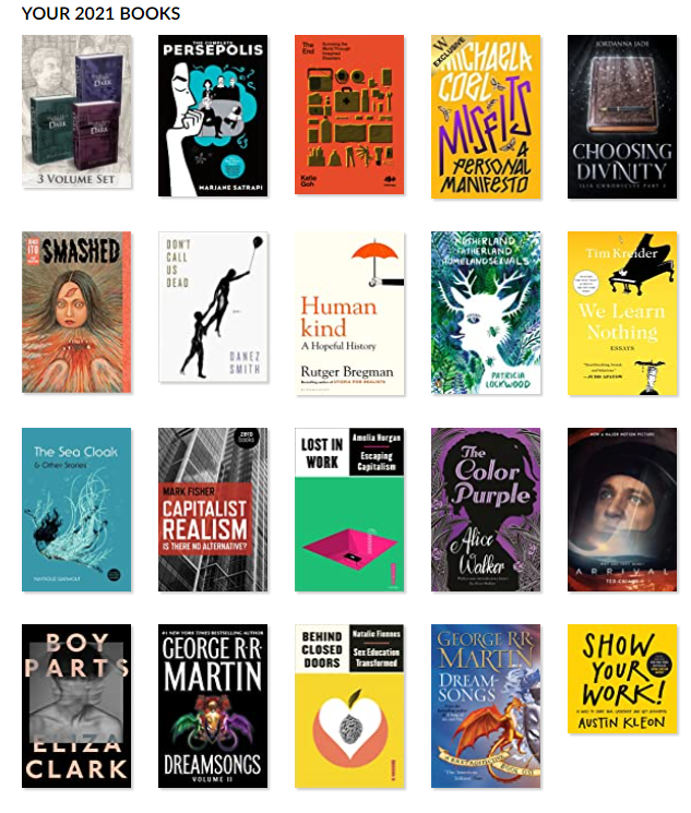 A collage showing covers for 20 books listed under a heading that says "YOUR 2021 BOOKS"