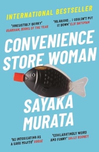 Book cover of "Convenience Store Woman" by Sayaka Murata - a light blue background with a sauce sachet in the shape of a fish