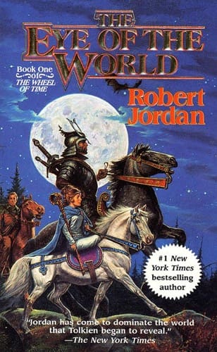 Book cover for "Eye of the World" by Robert Jordan, featuring an armoured knight and a sorceress on horseback with the moon in the night sky background.