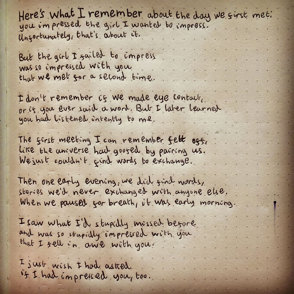 The poem "Here's what I remember..." written by hand in a bullet journal