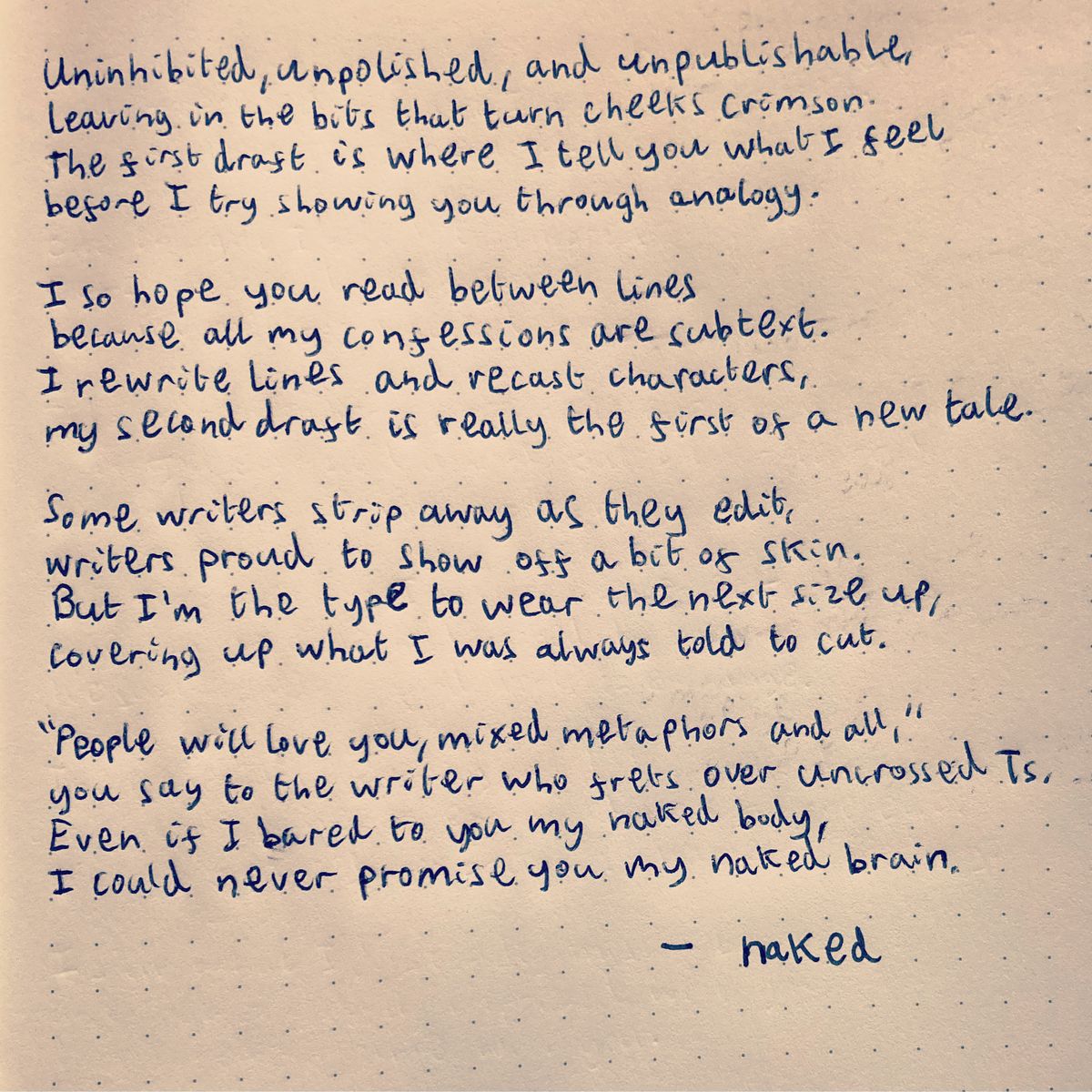 "Naked" poem written by hand into a bullet journal