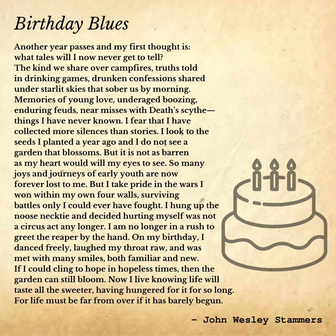 "Birthday Blues" poem aligned left beside the outline of a birthday cake on the right