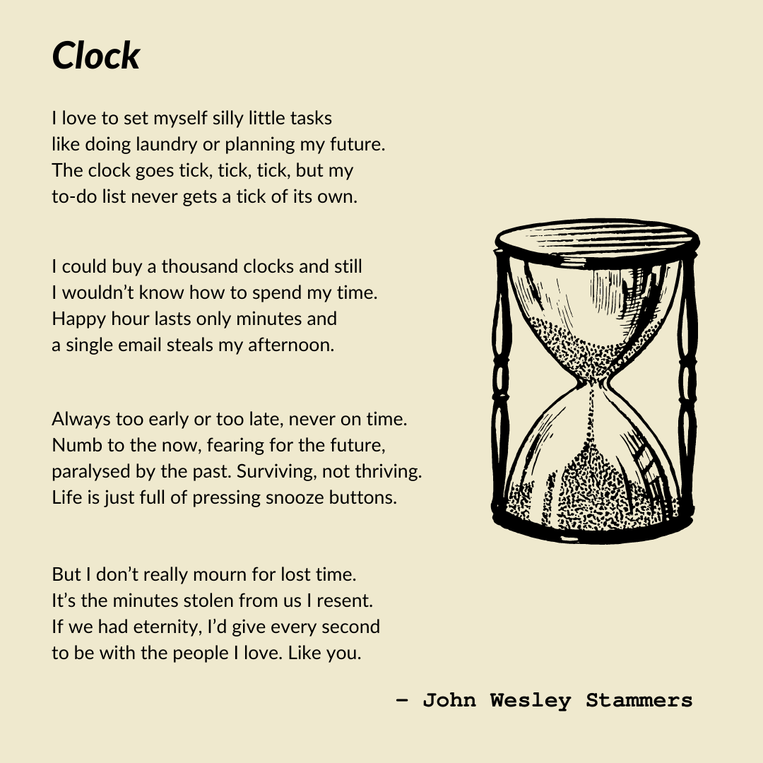 "Clock" poem aligned left beside the illustration of an hourglass on the right.