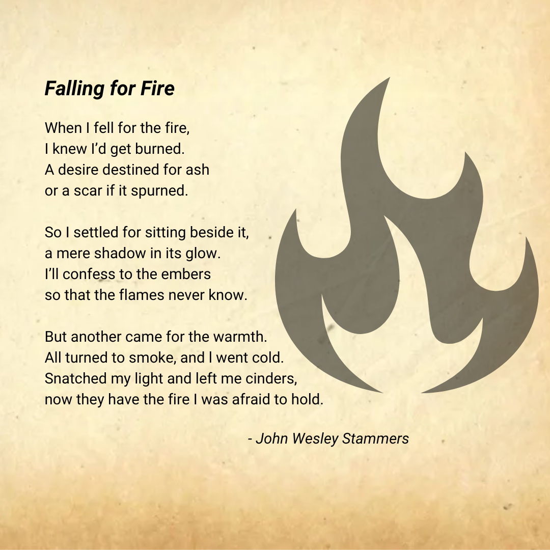 "Falling for Fire" poem on an old parchment background. Faint outline of a flame can be seen on the right, next to the poem.